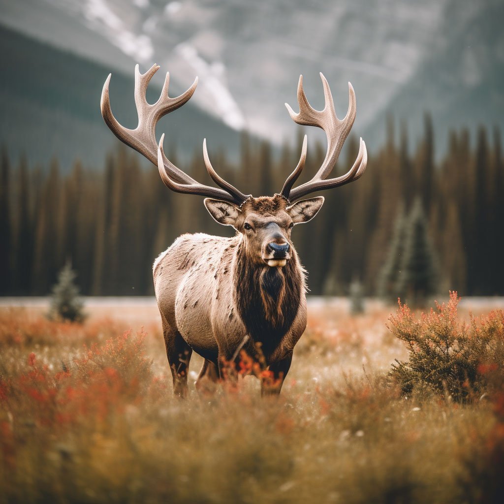 A close-up shot of a majestic elk standing amidst a beautiful meadow in Jasper National Park.