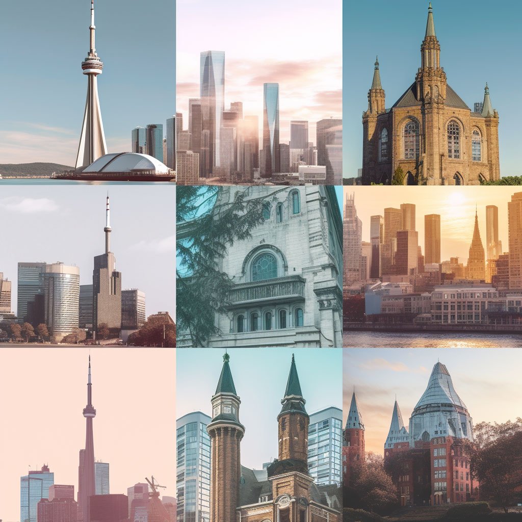 A collage of iconic landmarks from Toronto, Montreal, and Vancouver, showcasing the unique architectural styles, such as the CN Tower, Notre-Dame Basilica, and Vancouver's skyline, representing the cultural significance of each city. 