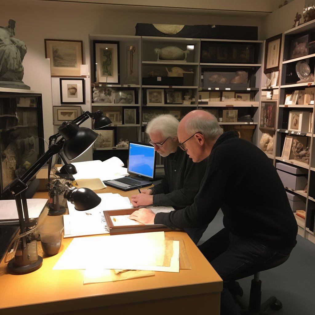 A digital preservation project team scanning and documenting historical artifacts using advanced technology.