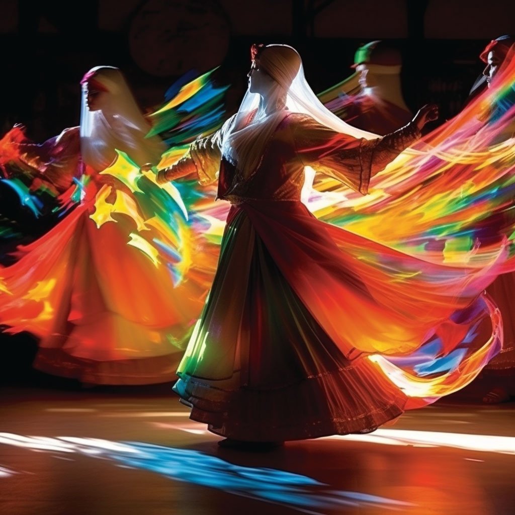 A dynamic image capturing a traditional Saudi Arabian dance performance, reflecting the vibrant colors and rhythmic movements.