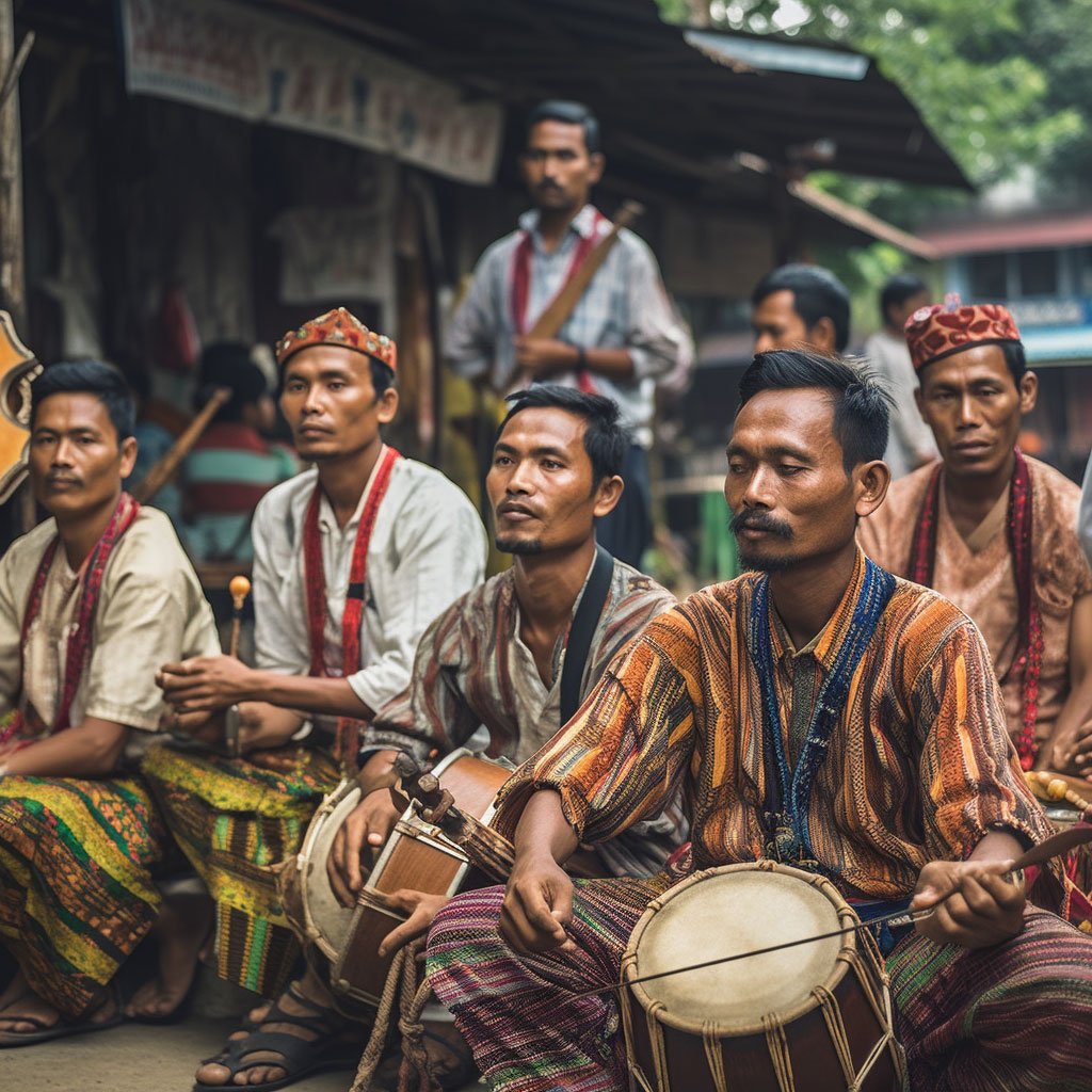 A group of local musicians performing traditional music, showcasing the unique instruments and attire of their cultural heritage.