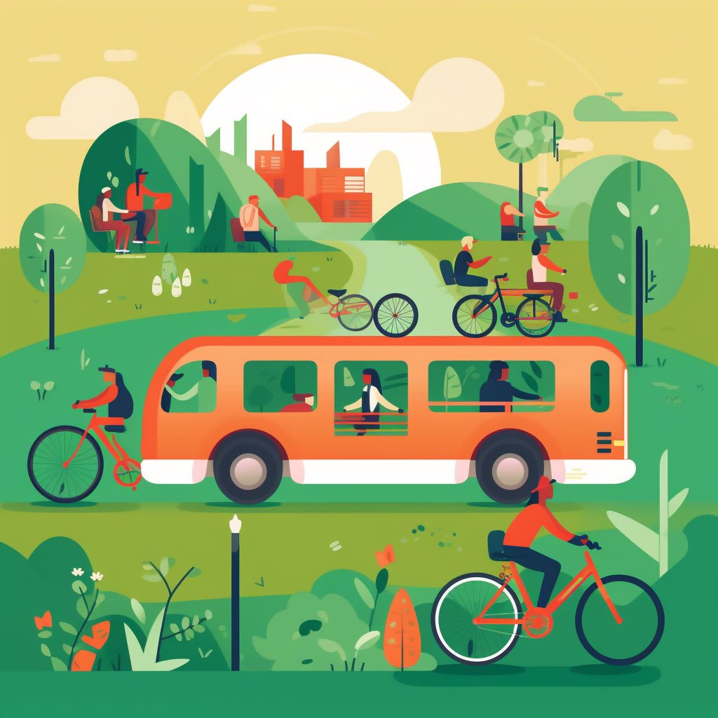 A group of tourists engaging in sustainable travel practices, such as using eco-friendly transportation options or participating in community-based tourism initiatives.
