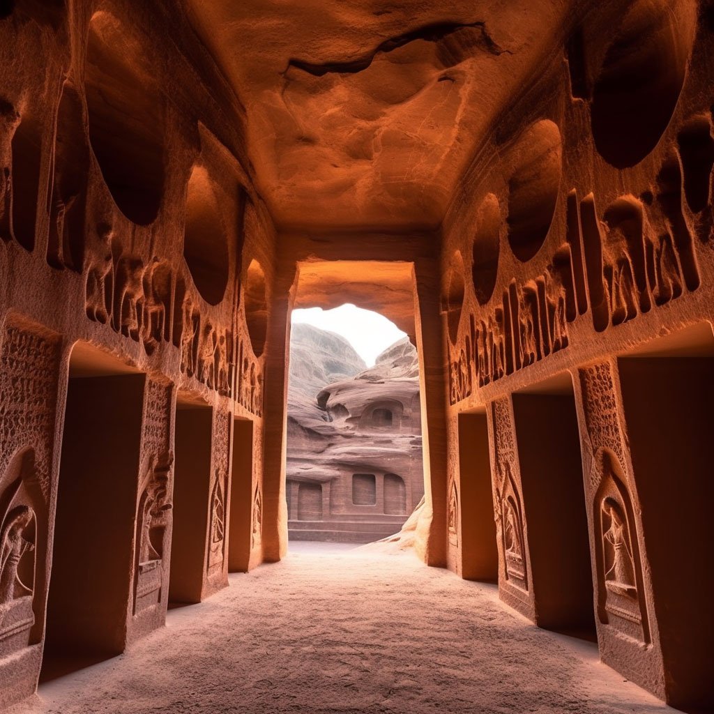 A mesmerizing image of the rock-cut tombs and intricate carvings of Mada'in Saleh, reminiscent of the famous Nabatean city of Petra.