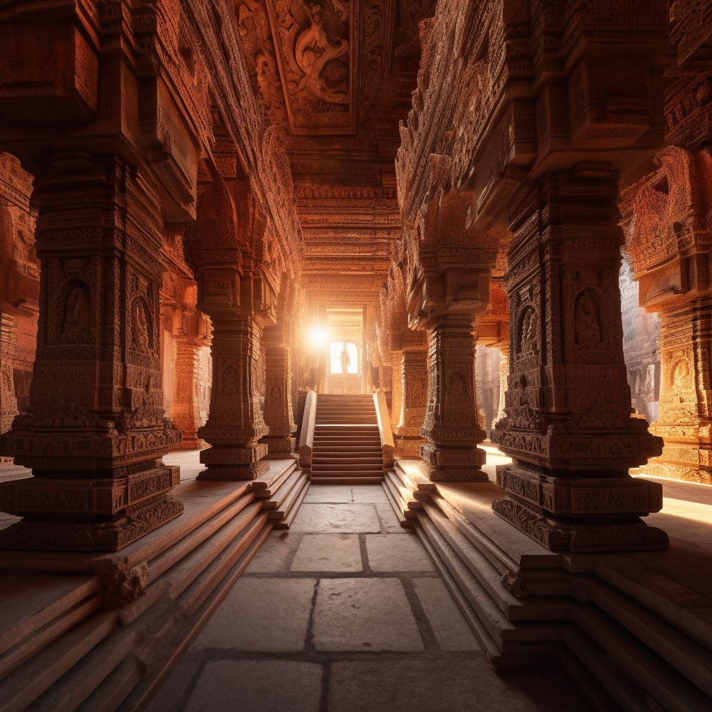 A mesmerizing shot of an ancient temple at sunset, capturing the intricate architectural details and the play of light and shadows.
