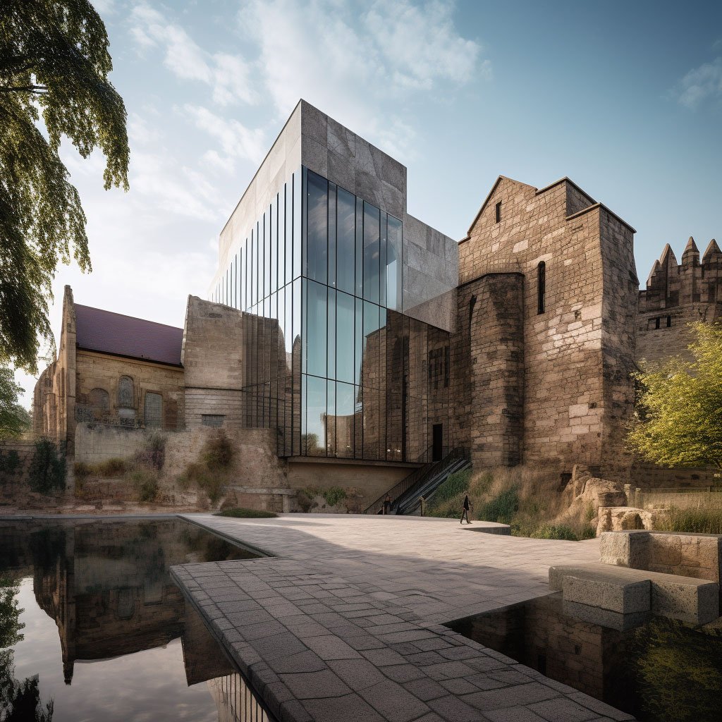 A modern museum building standing next to a centuries-old castle, highlighting the harmonious coexistence of architectural styles from different eras.
