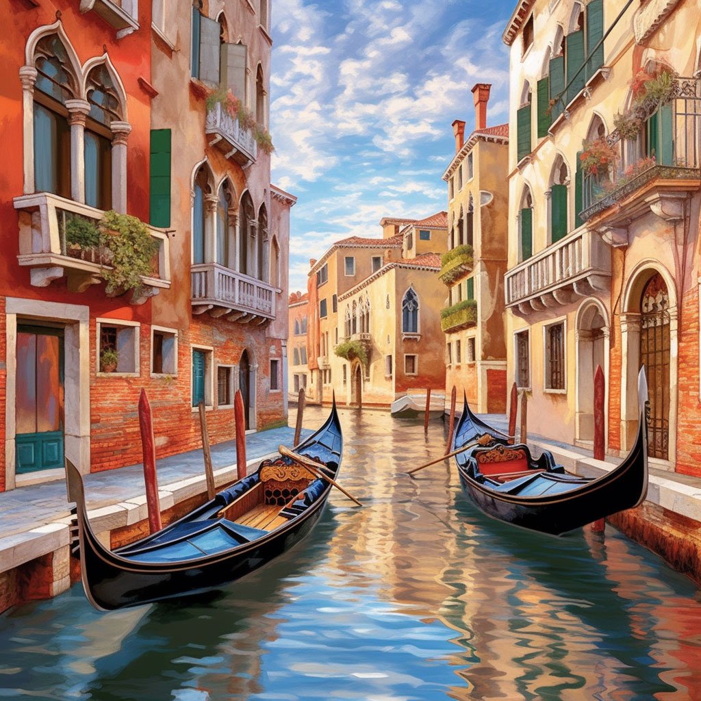 A picturesque view of the colorful houses lining the canals of Venice, with a gondola gracefully gliding through the water, capturing the essence of the enchanting city.