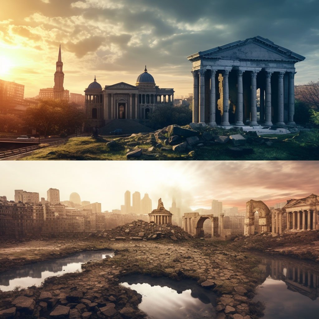 A split image showcasing the ancient ruins of a historical site juxtaposed with a modern skyline.