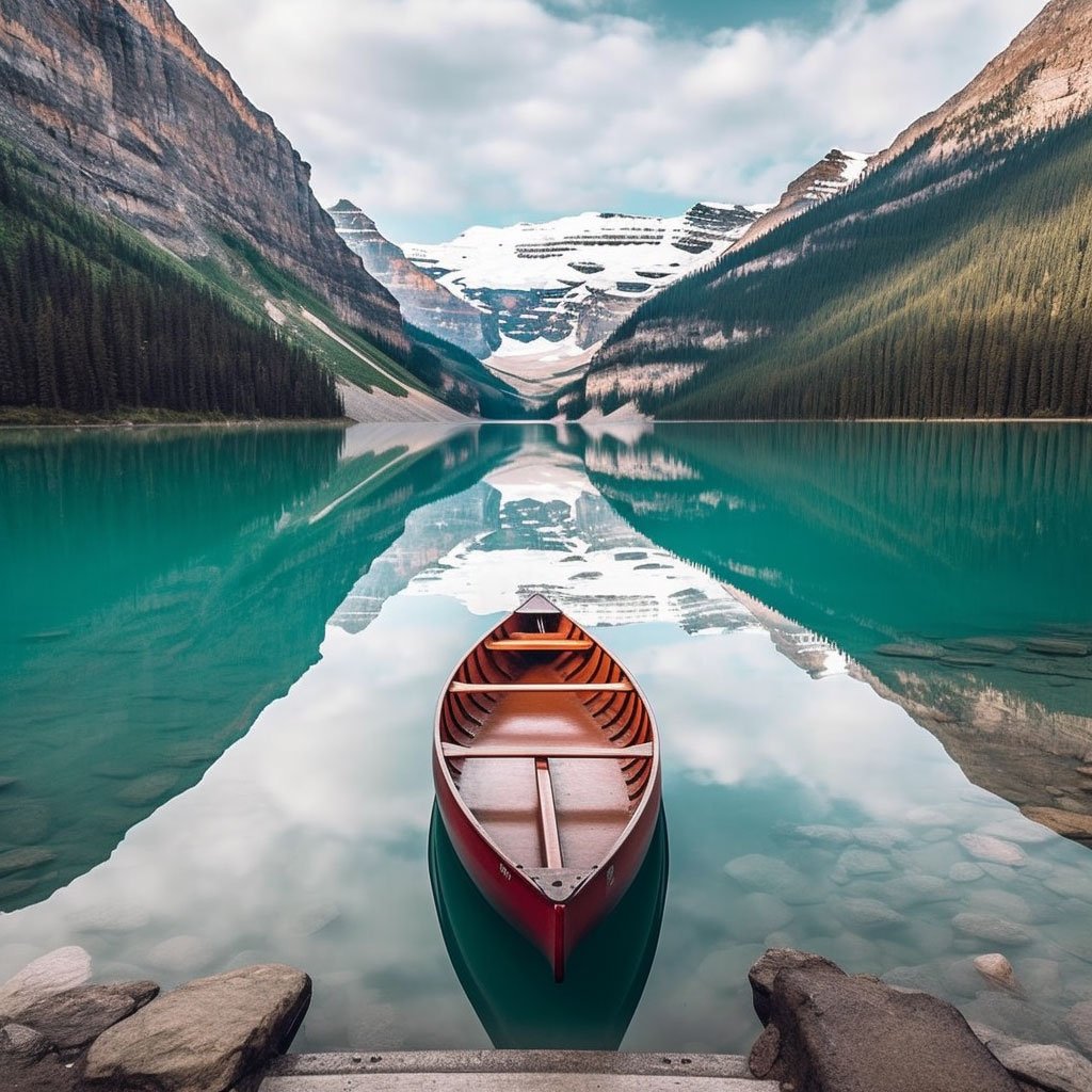 A stunning panoramic view of Lake Louise with the snow-capped mountains in the background and a canoe on the tranquil turquoise water.