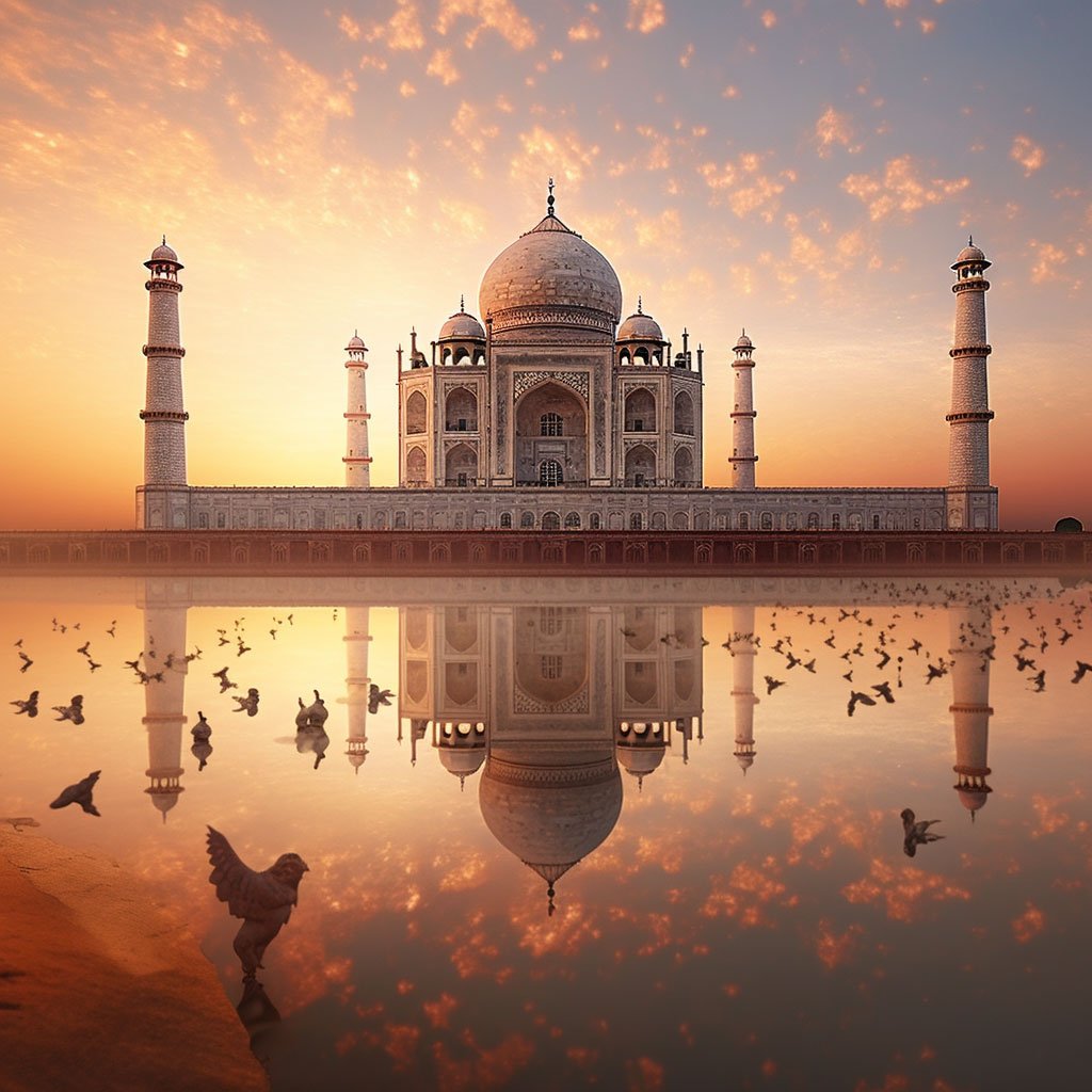 A stunning photo of the Taj Mahal at sunrise or sunset.