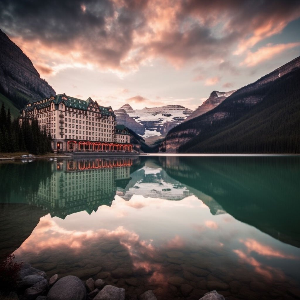 A stunning sunset view of Lake Louise with the majestic Fairmont Chateau Lake Louise reflecting in the calm water.