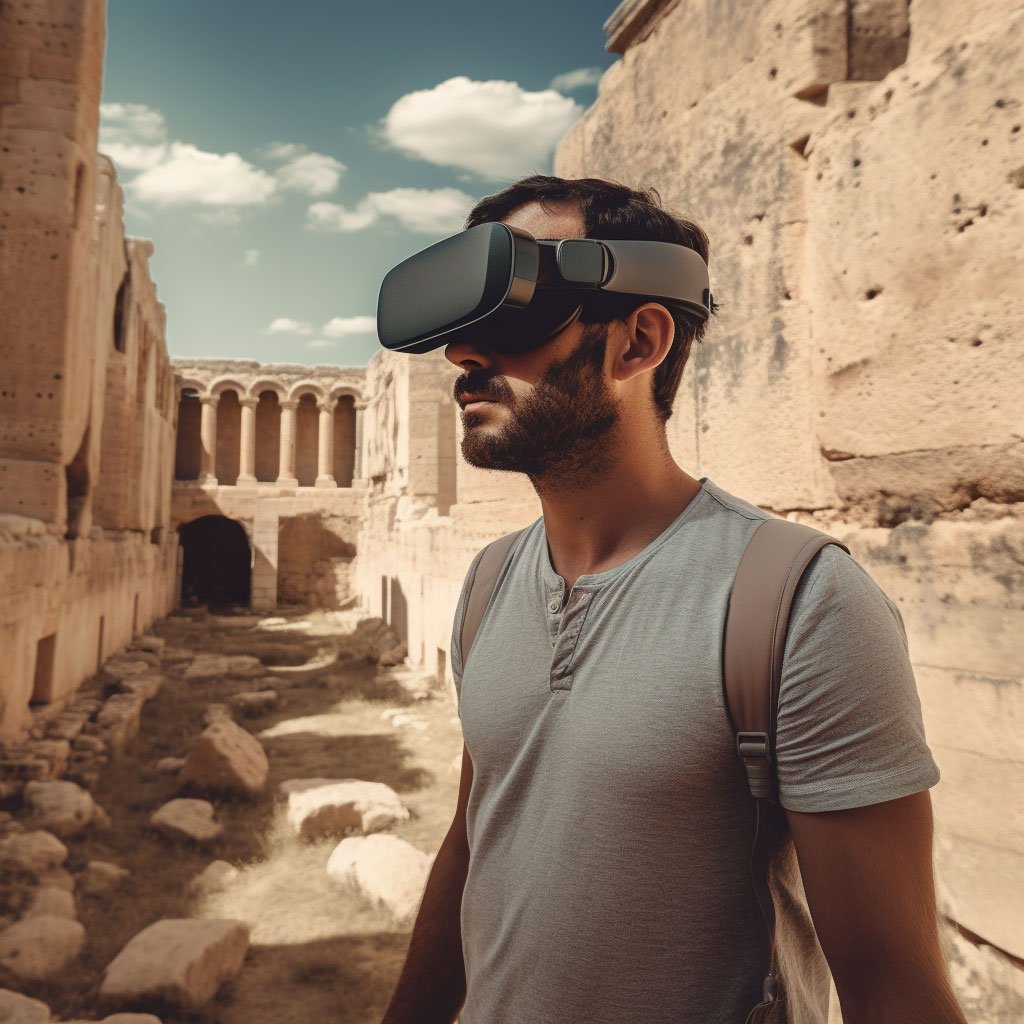 A traveler wearing a virtual reality headset, experiencing a virtual tour of a historical site, surrounded by a digital reconstruction of the ancient ruins.
