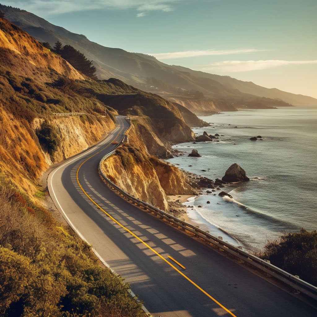 A vibrant and captivating image showcasing a winding coastal highway with breathtaking ocean views, surrounded by lush greenery and majestic mountains in the distance. The image captures the essence of a road trip extravaganza, inviting readers to imagine themselves driving along the open road, feeling the sense of freedom and excitement that comes with exploring scenic routes and coastal highways in the USA.