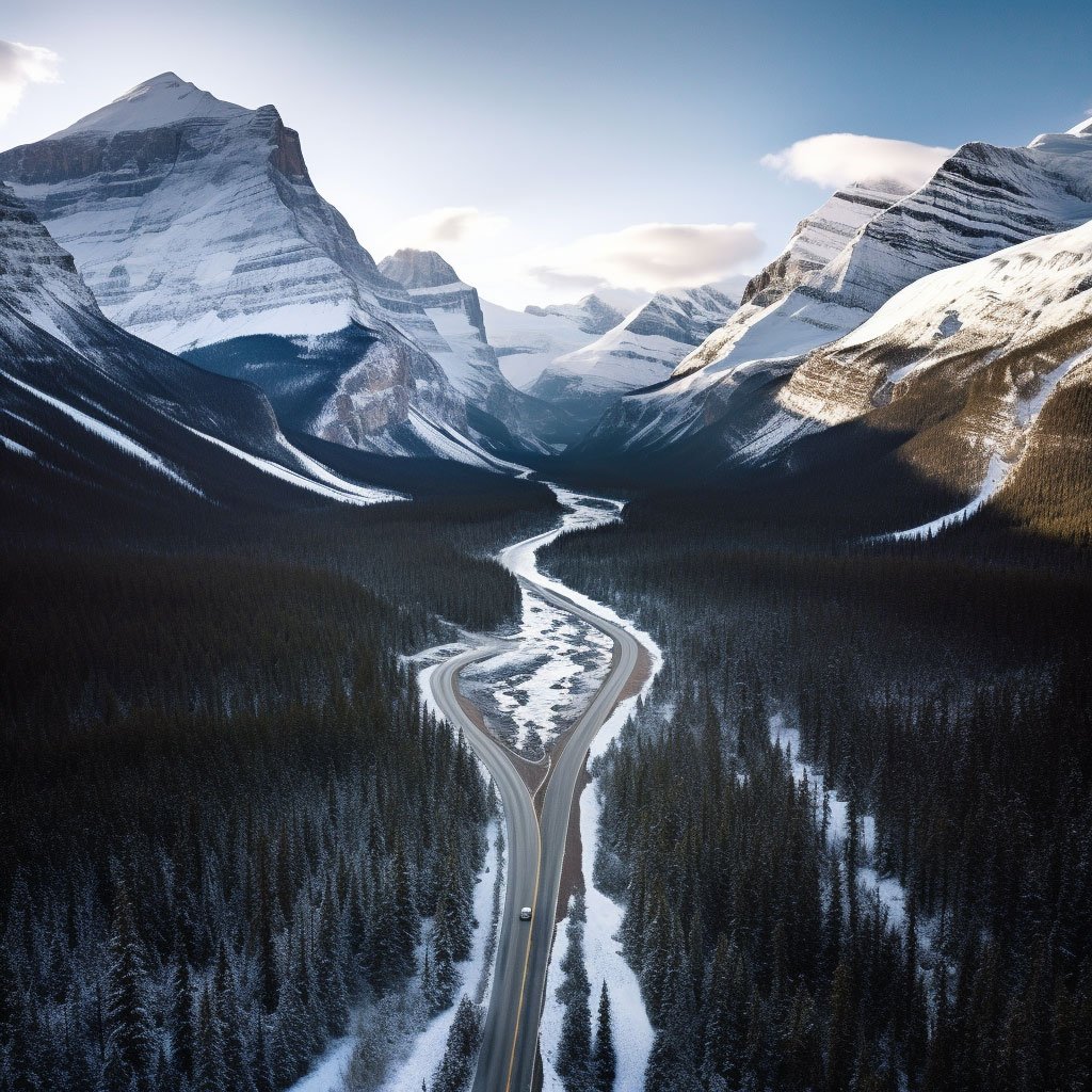 Aerial view of the winding Icefields Parkway with the snow-covered peaks and glaciers as a backdrop.