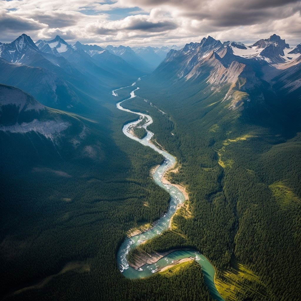 An aerial shot of the Canadian Rockies showcasing the rugged mountain peaks, dense forests, and winding rivers, capturing the vastness and grandeur of the region.