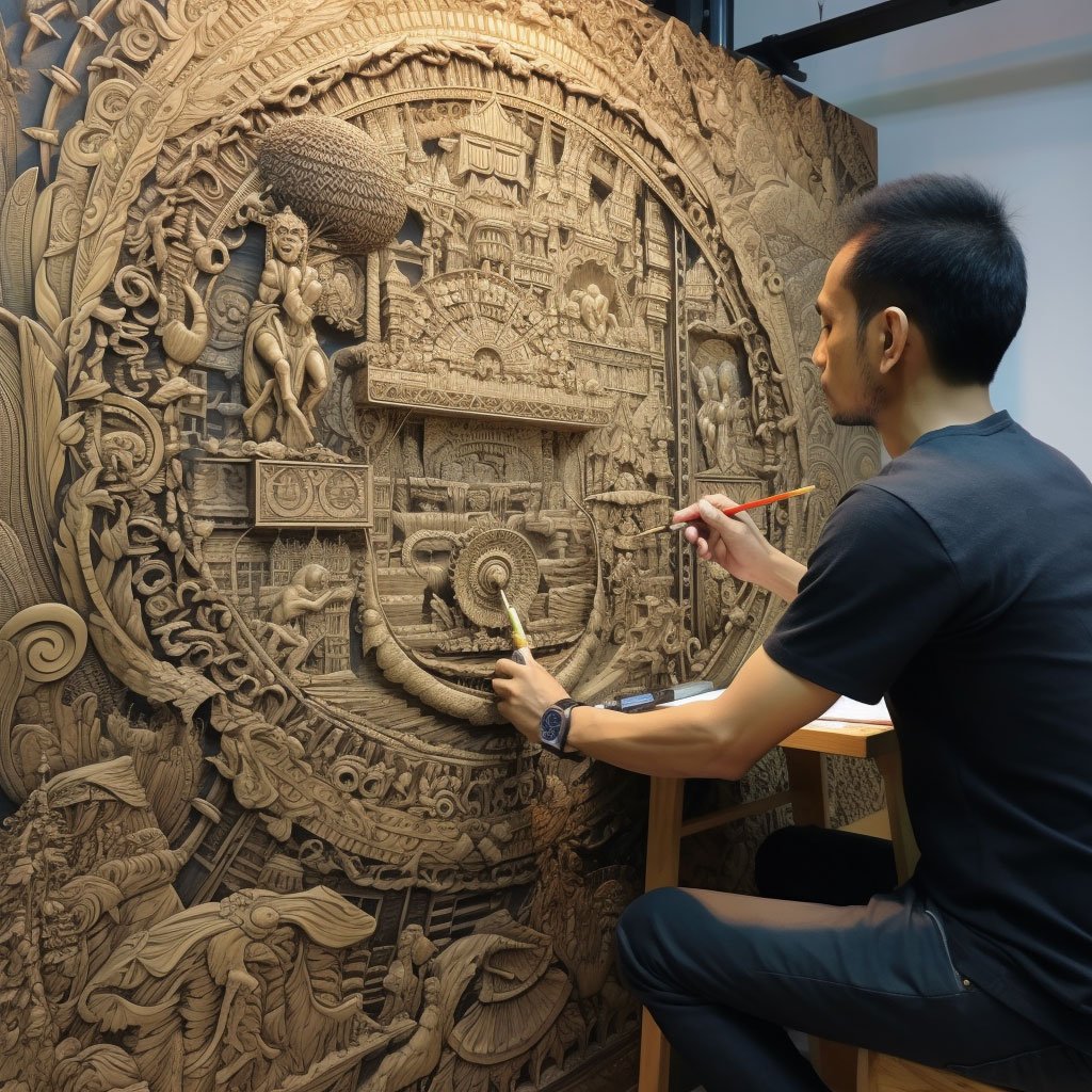 An artist using traditional techniques to create a modern artwork, showcasing the fusion of heritage and innovation.