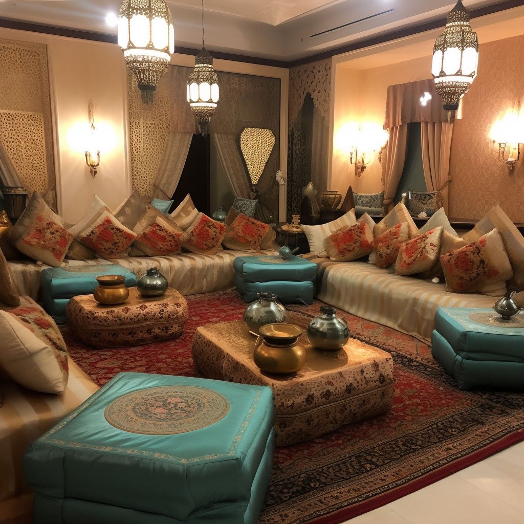 An image capturing a traditional Saudi Arabian Majlis (a reception area) adorned with plush cushions and Arabian décor, where guests are welcomed and offered refreshments.