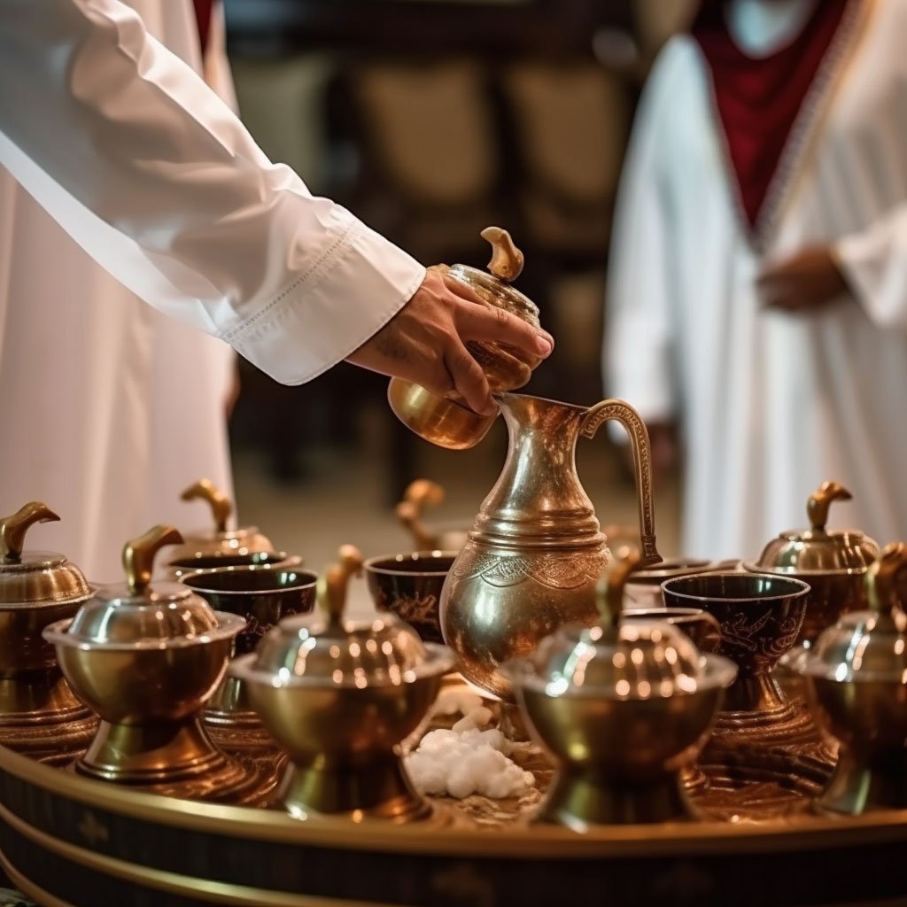 An image capturing the gracious act of a host pouring Arabic coffee from a traditional Dallah (coffee pot) into small cups for the guests.