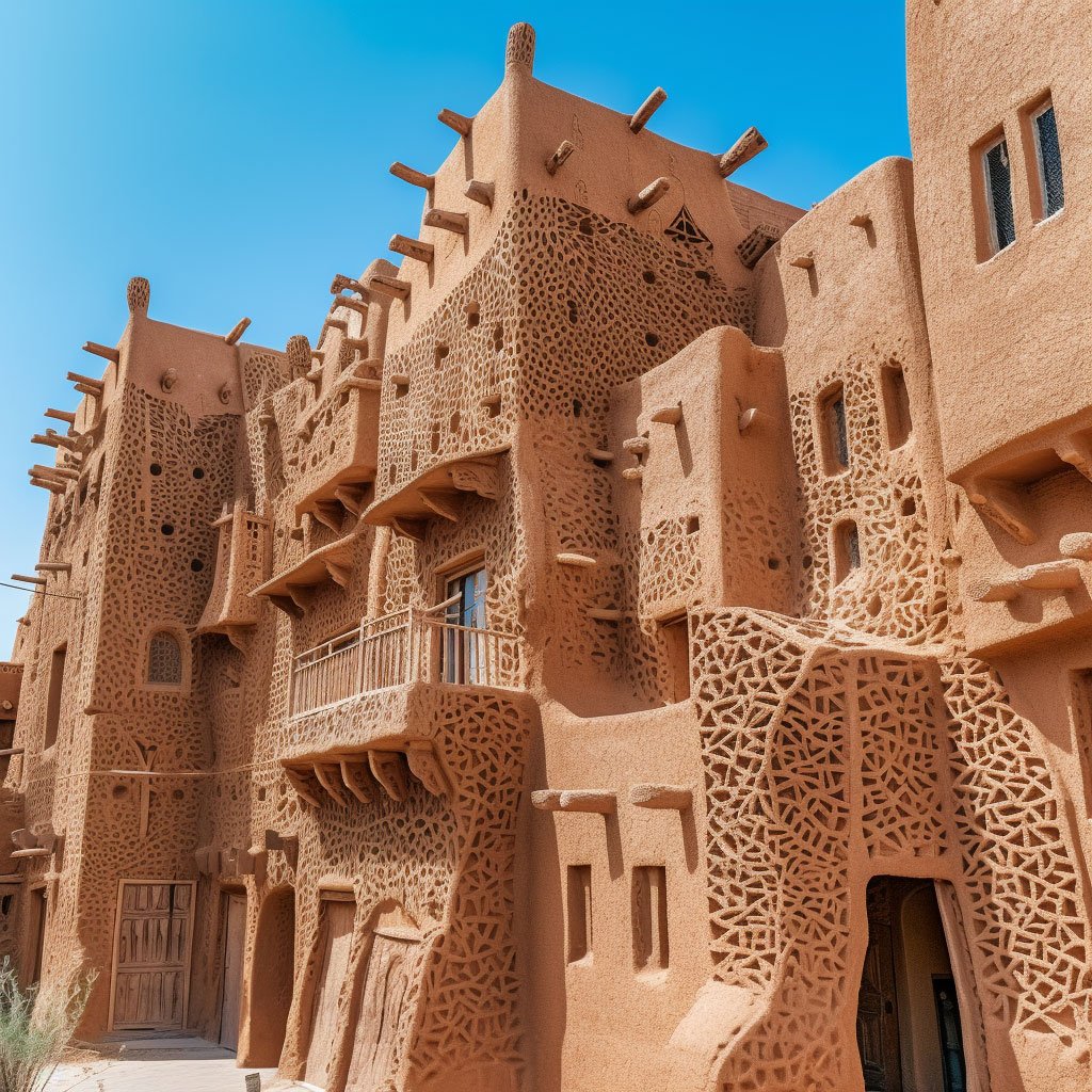 An image capturing the majestic architecture of Ad-Diriyah, showcasing its traditional mud-brick buildings and intricate designs. The photo can highlight the unique blend of historical charm and cultural authenticity.