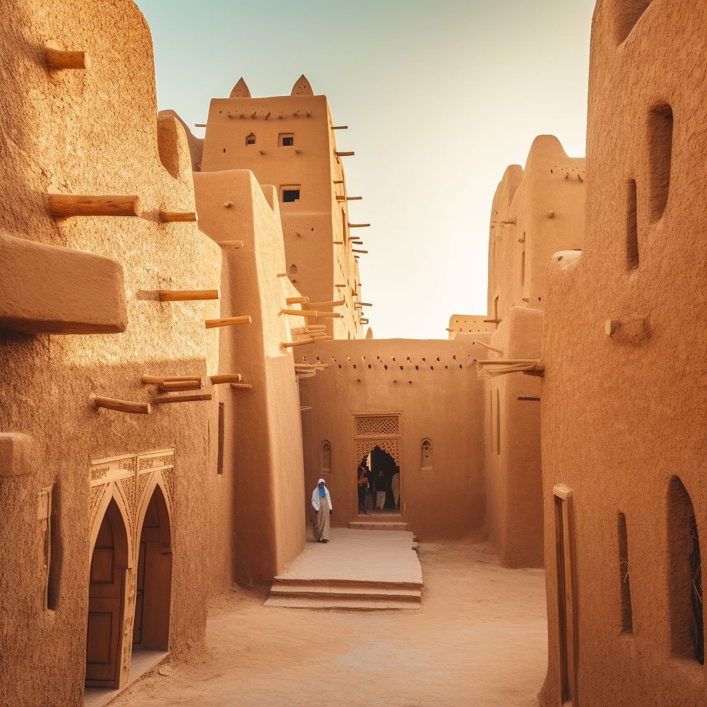 An image capturing the majestic architecture of Ad-Diriyah, the birthplace of the first Saudi state, showcasing its traditional mud-brick buildings and intricate designs.