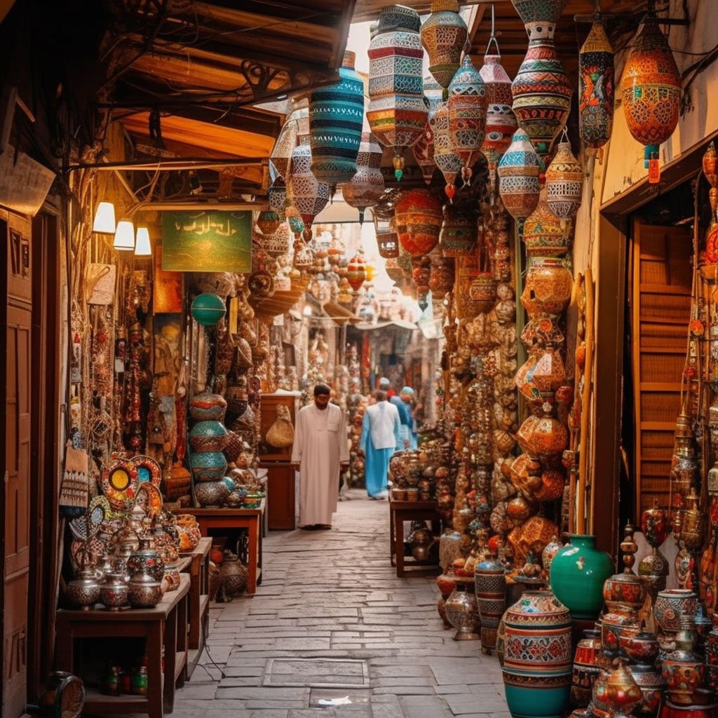 An image capturing the vibrant atmosphere of a traditional Saudi Arabian souk, with colorful textiles, intricate pottery, and other handicrafts on display.