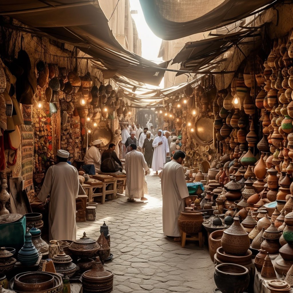 An image displaying a bustling traditional souk (marketplace) with craftsmen showcasing their intricate pottery, textiles, and handicrafts.