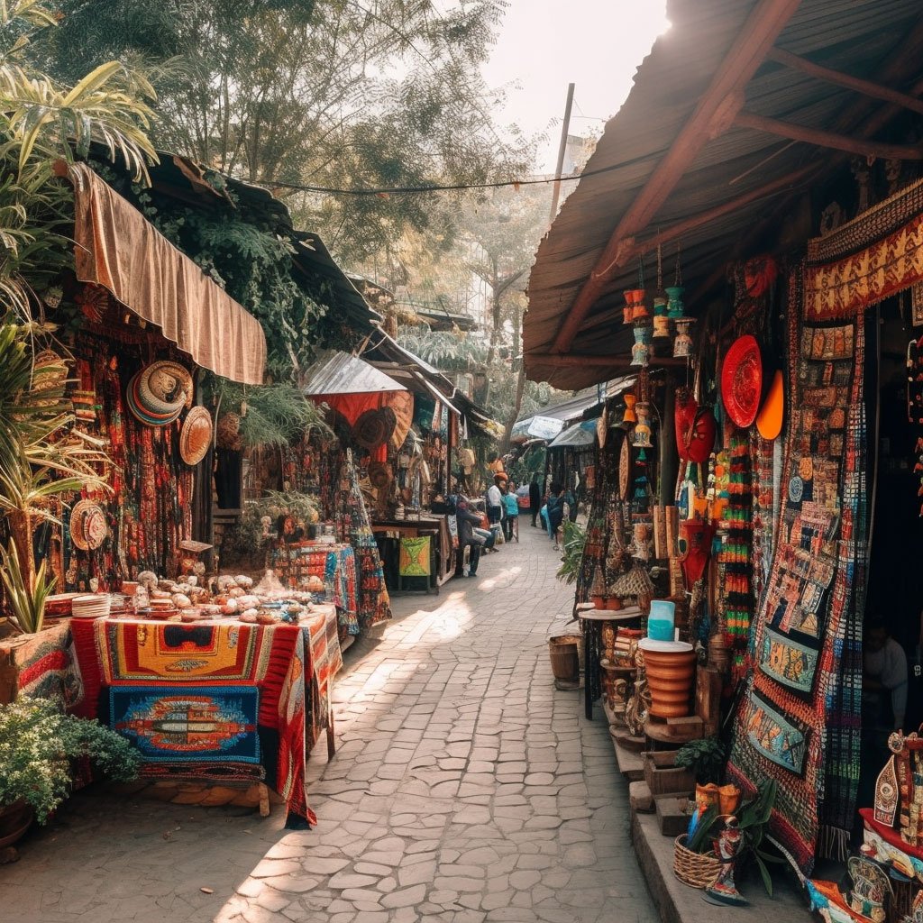 An image of a vibrant street market, filled with colorful handicrafts, textiles, and traditional artifacts, offering a glimpse into the local arts and crafts scene.