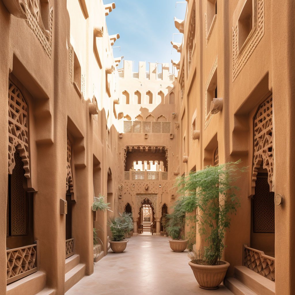 An image of the stunning architecture of the historic Diriyah area, showcasing traditional Saudi Arabian design elements.
