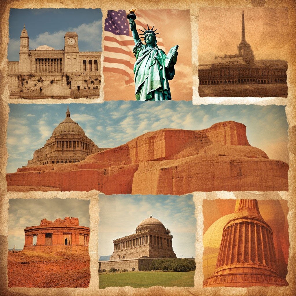 An image showcasing a collage of iconic historical landmarks of America, such as the Statue of Liberty, the Lincoln Memorial, Mount Rushmore, and Mesa Verde cliff dwellings. The image should capture the diversity and richness of America's historical sites, inviting readers to embark on a journey through time and immerse themselves in the country's living history.