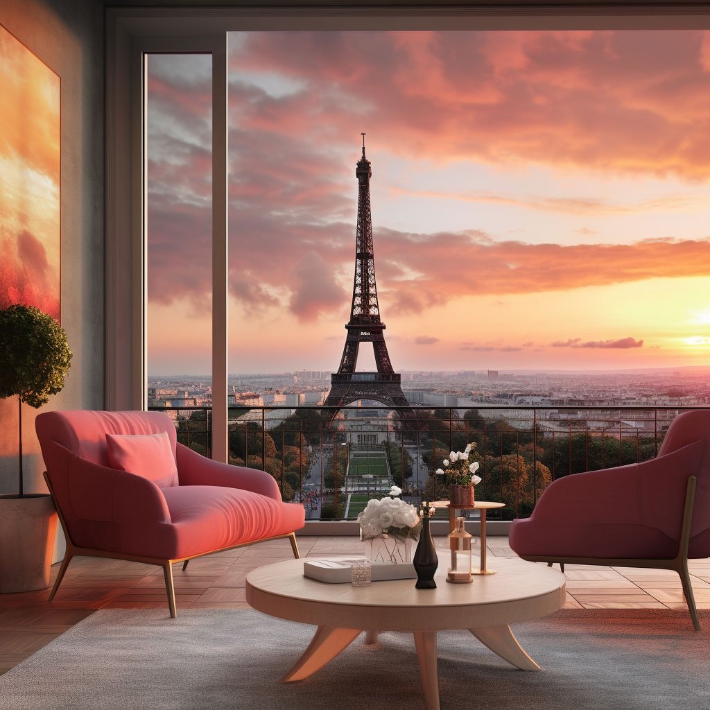 An image showcasing the iconic Eiffel Tower illuminated against the backdrop of a Parisian sunset, capturing the romance and elegance of the city.