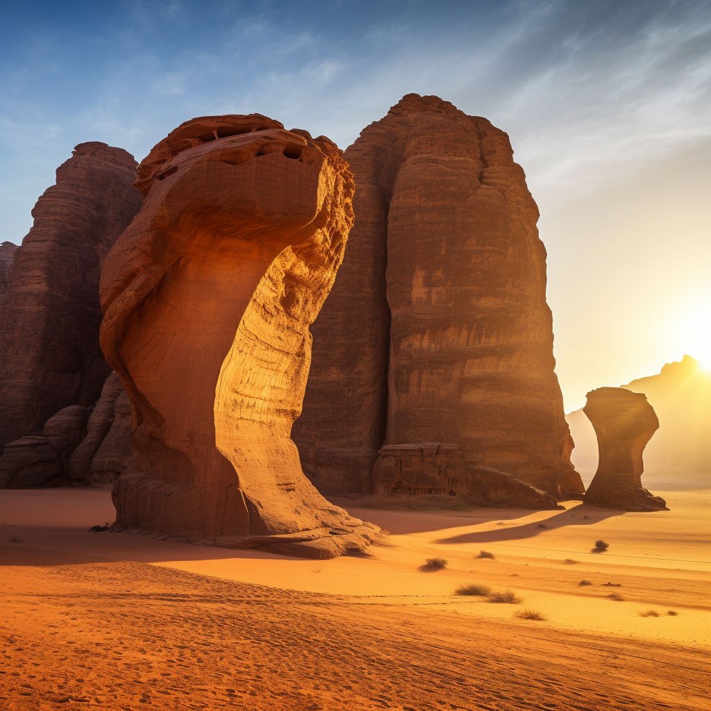 An image showcasing the iconic rock formations of Al-Ula, such as the Elephant Rock or the imposing Jabal Al Fil (Mountain of the Elephant), against the backdrop of the golden desert landscape.
