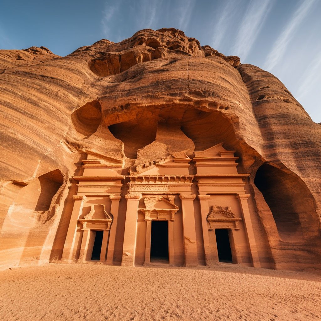 An image showcasing the stunning rock-cut tombs and intricate carvings of Mada'in Saleh, highlighting the grandeur and architectural prowess of the Nabateans.