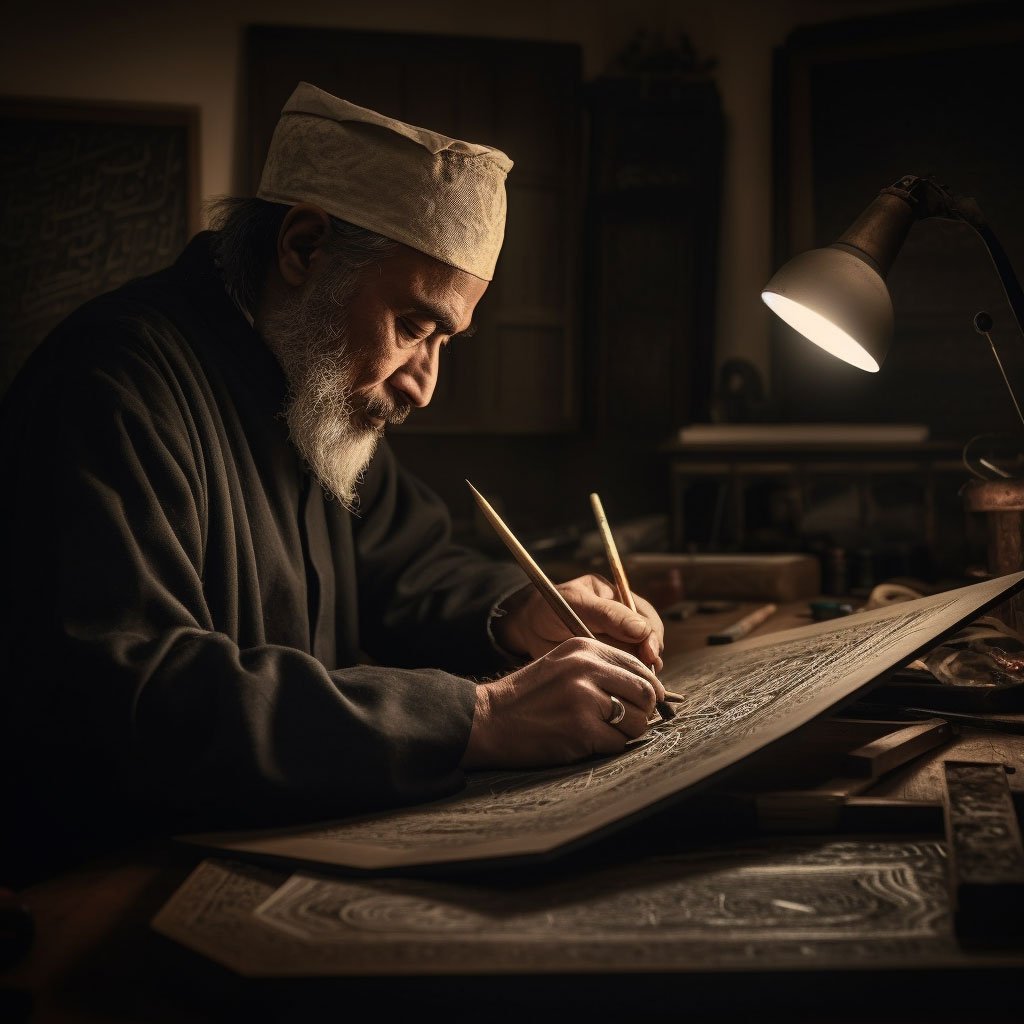An intricate image of a master calligrapher at work, showcasing the elegance and precision of Arabic calligraphy.