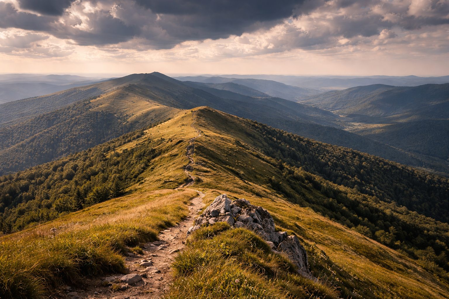 Wide rolling ridges of the Bieszczady Mountains under dramatic cloud shadow.