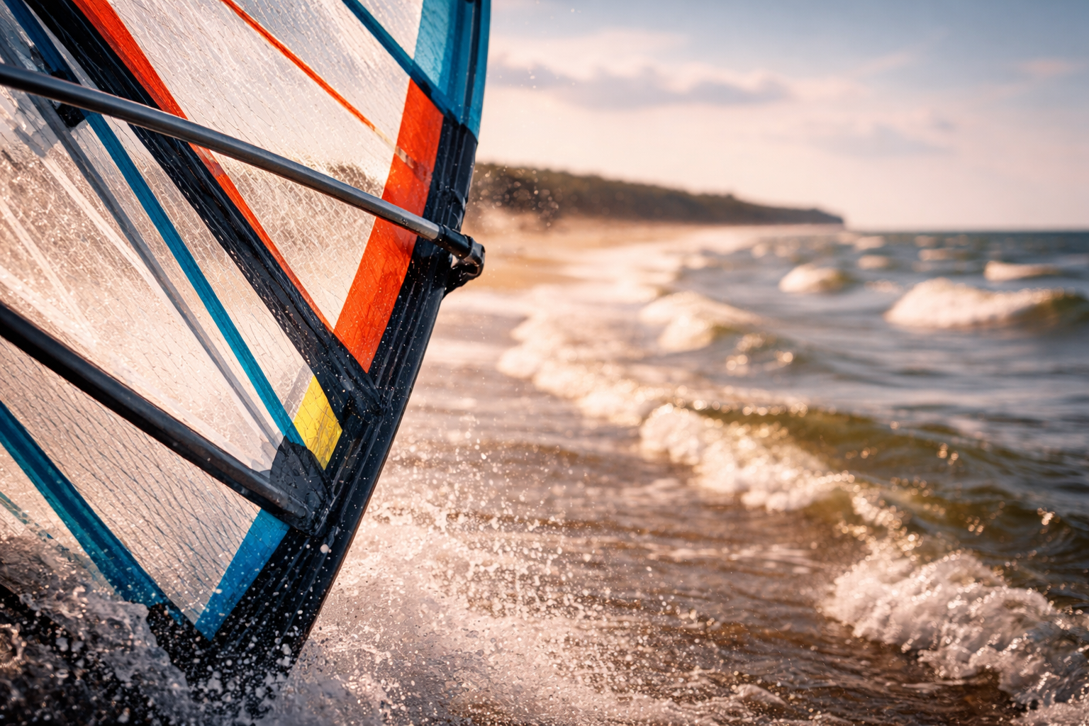 Windsurf sail and salt spray on the Hel Peninsula in strong Baltic wind.