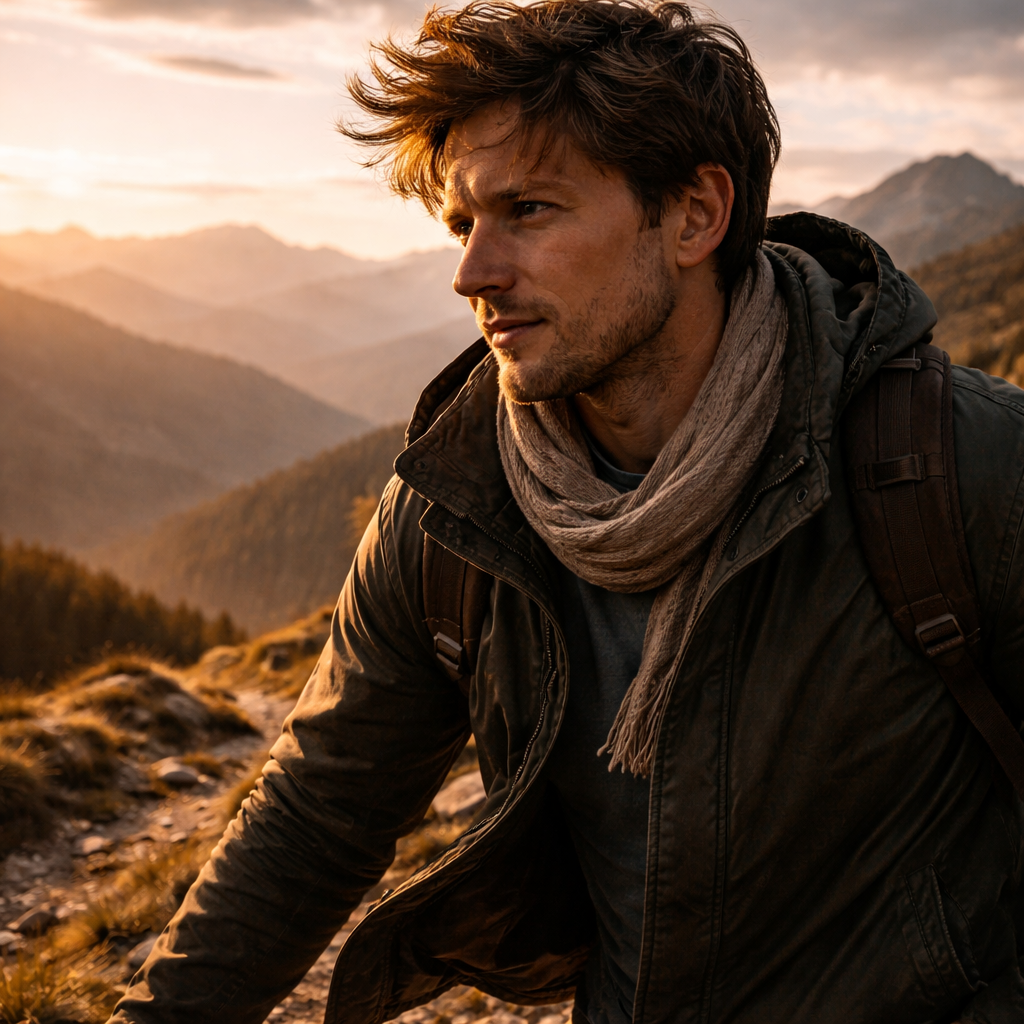 Wind-beaten traveler on a rugged Polish ridge in warm evening light.