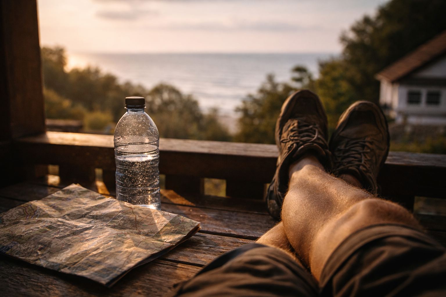 Quiet decompression after adventure travel in Poland with legs stretched out and landscape blur beyond.