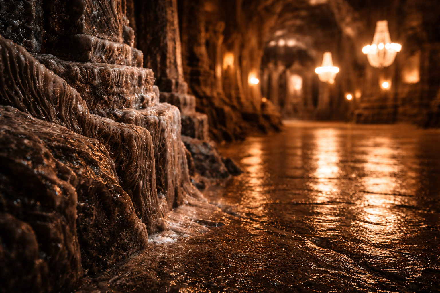 Carved salt textures glowing in warm light inside Wieliczka Salt Mine.