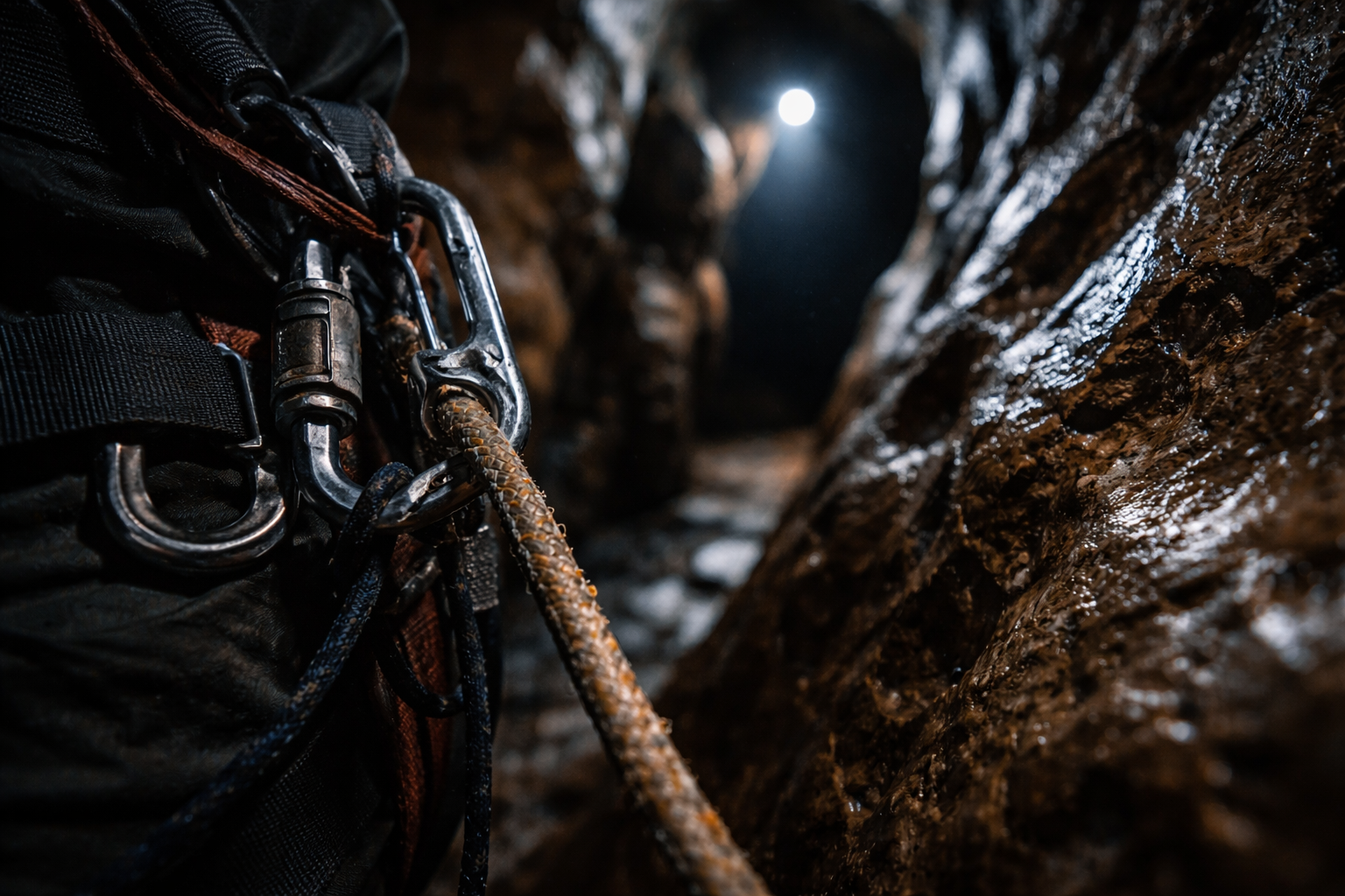 Rope, harness, and wet rock textures inside a technical Polish cave.