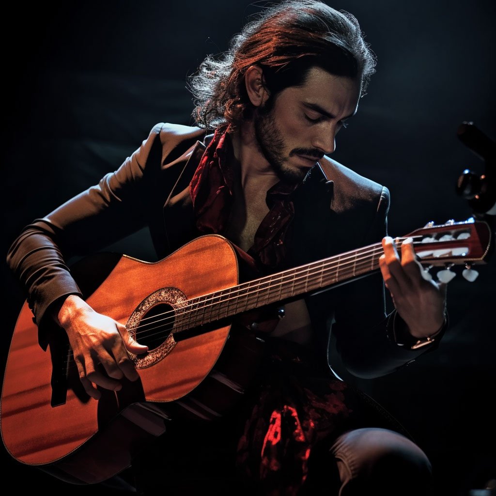 A Flamenco guitarist playing during a performance.
