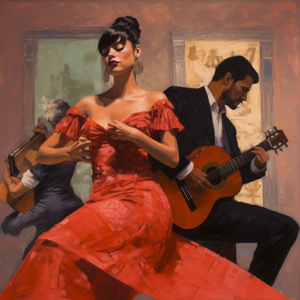 A Flamenco show in progress with a focus on the dancer, guitarist, and singer.