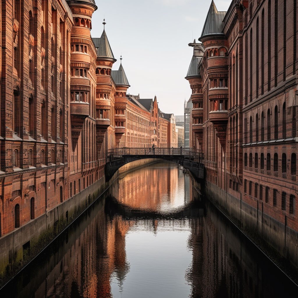 A beautiful canal view of the red-brick warehouses in Speicherstadt.