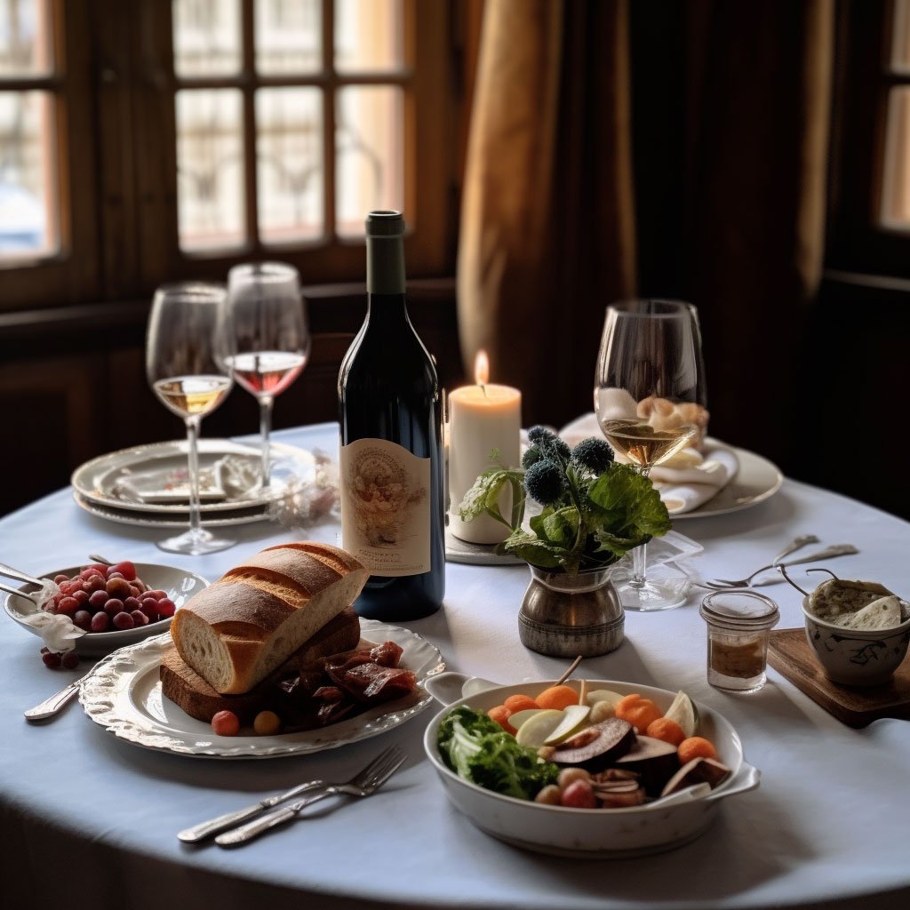 A beautifully set table with a variety of French dishes and a bottle of French wine.