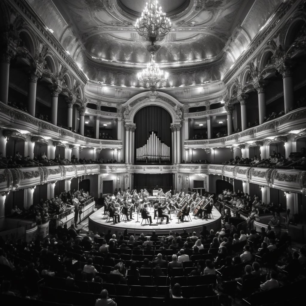 A black and white photo of an orchestra performing in a grand concert hall in France.