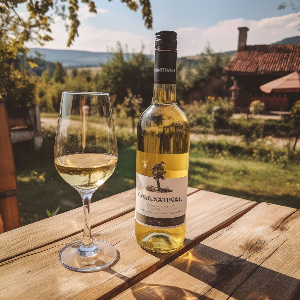 A bottle of Romanian wine with a glass filled with wine on a table overlooking a vineyard.