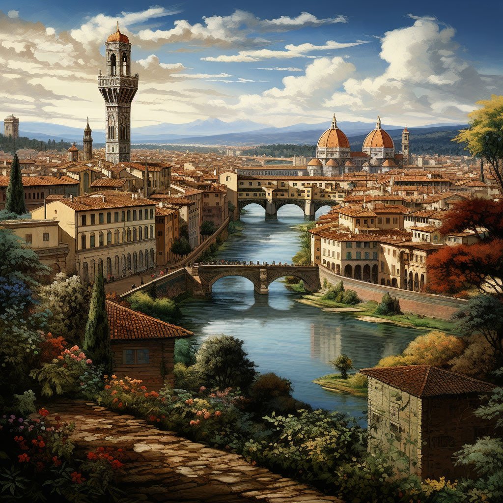 A breathtaking panoramic shot of Florence skyline with the Ponte Vecchio in the foreground and the Florence Cathedral in the backdrop, a harmonious blend of art and architecture.
