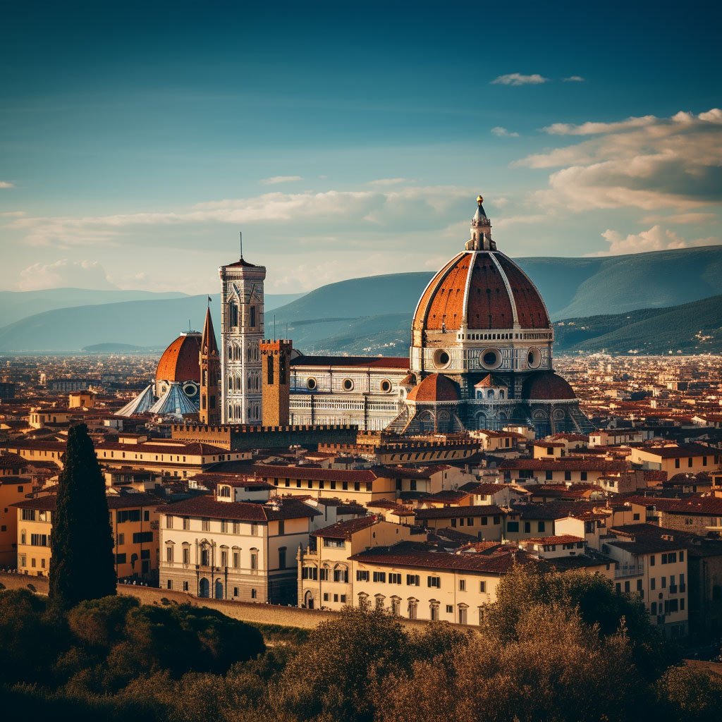 A breathtaking view of Florence skyline with the iconic dome of the Florence Cathedral (Duomo), a symbol of Renaissance architecture.