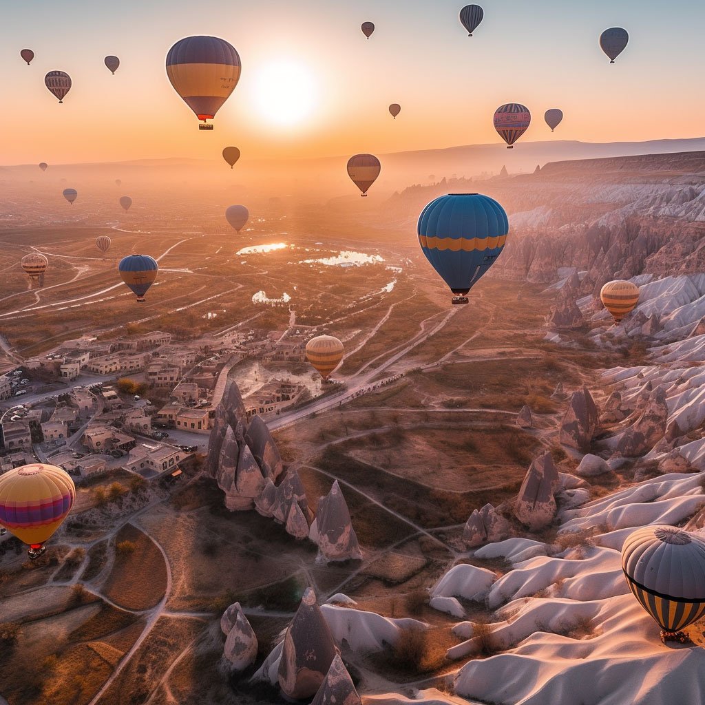 A breathtaking view of the Cappadocia landscape at sunrise, dotted with hot air balloons.
