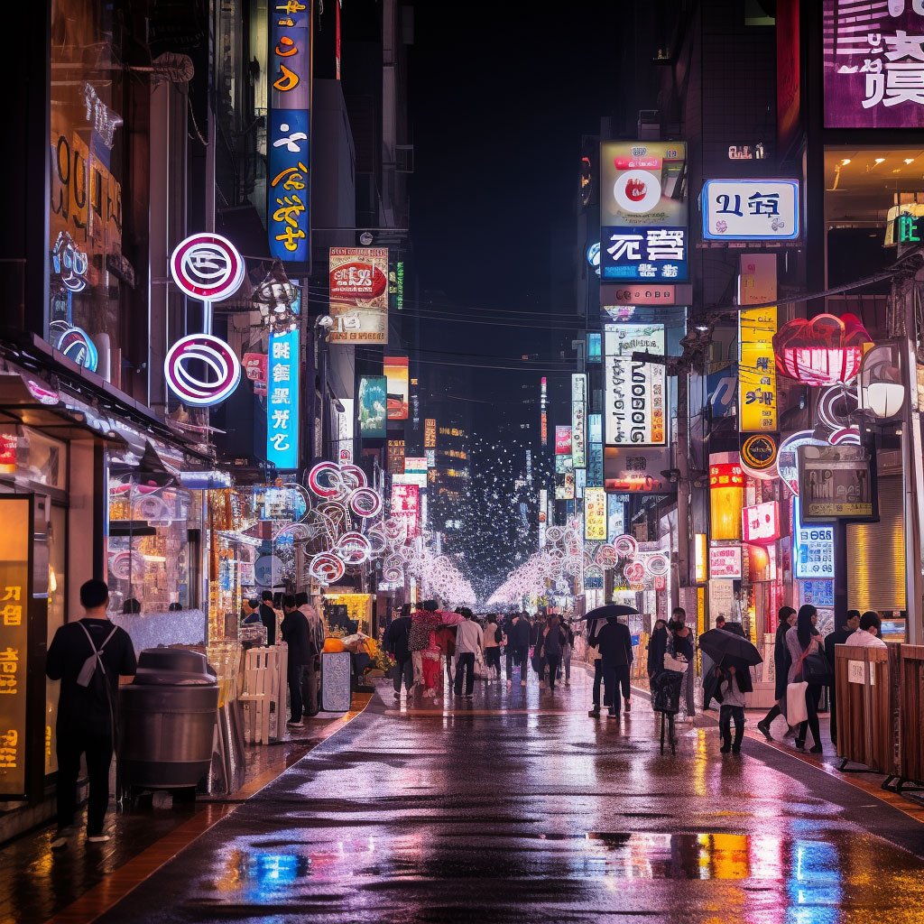 A bustling street in Myeongdong at night, aglow with neon lights, filled with shoppers, and lined with a variety of fashion and beauty stores.