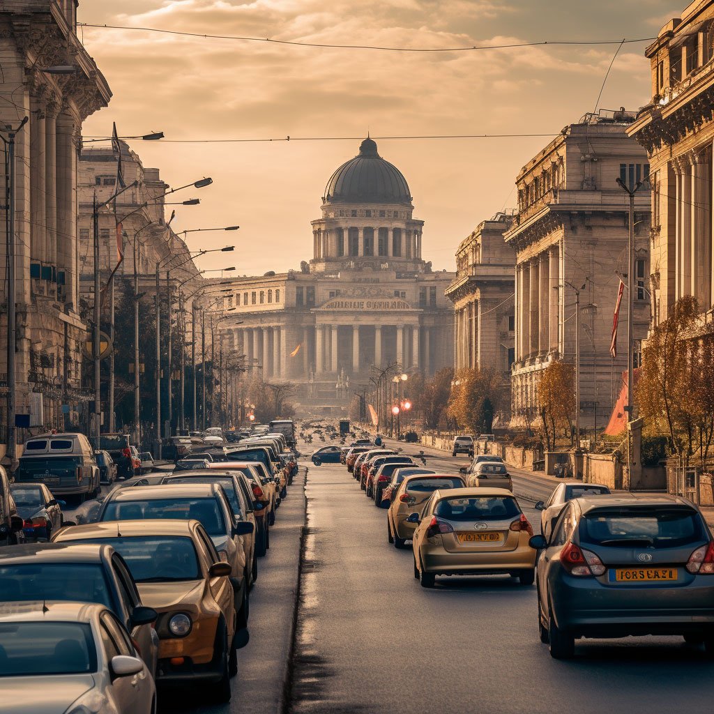 A bustling street view of Bucharest with its unique blend of architectural styles – neoclassical, Bauhaus, Art Deco, communist-era and modern. In the background is the impressive Palace of the Parliament.