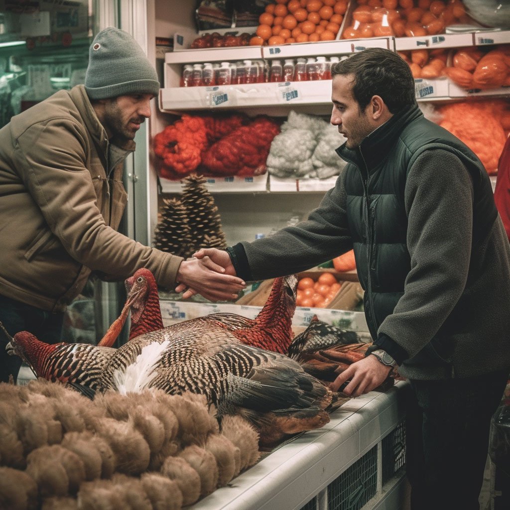 A candid shot capturing the interaction between a shopper and a turkey vendor during a bargaining exchange.